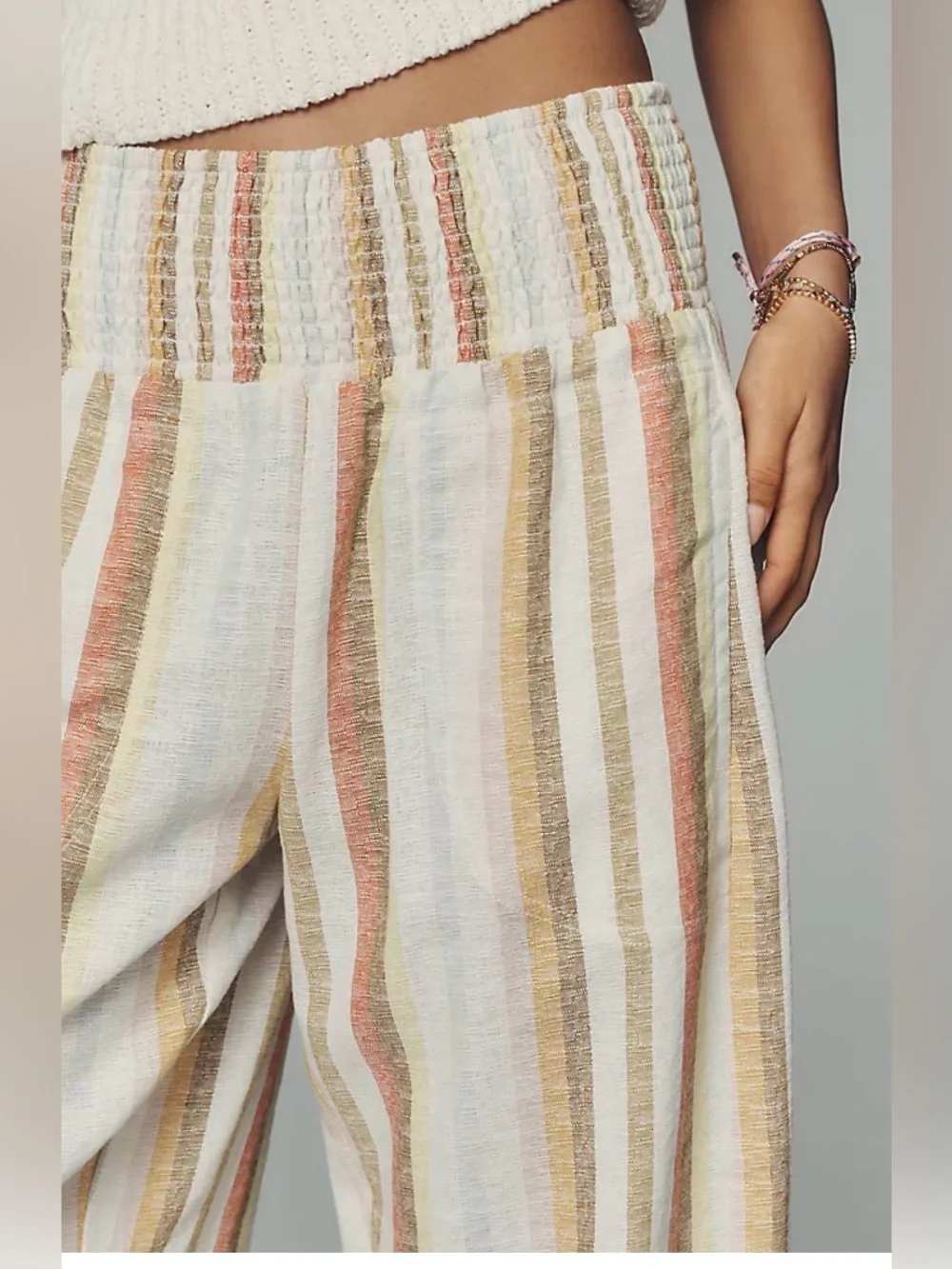 Pilcro Reese Smocked Pull On Barrel Pants in Multi Stripe